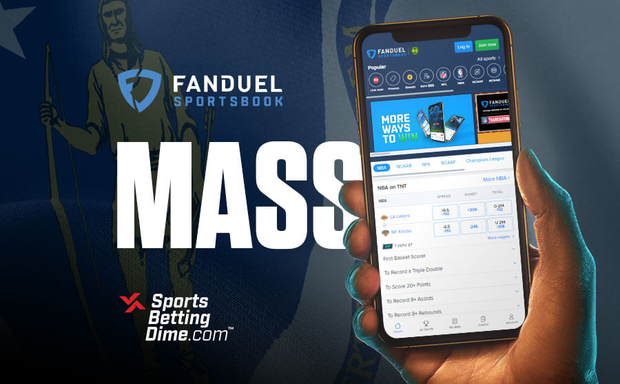FanDuel Sportsbook Massachusetts hand holding mobile phone with mobile app