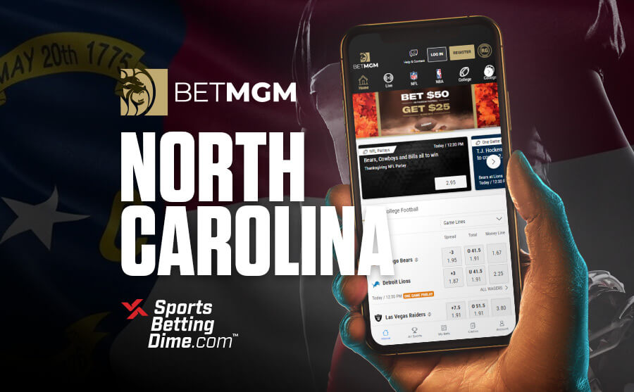 BetMGM North Carolina sportsbook hand holding mobile phone with app open