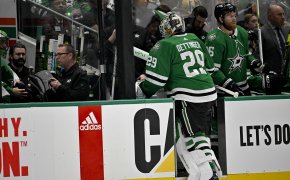 Dallas Stars goaltender Jake Oettinger leaves the ice after being pulled in the game against the Vegas Golden Knights