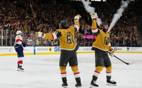 Vegas Golden Knights right wing Mark Stone and center Nicolas Roy celebrate a goal against Florida Panthers