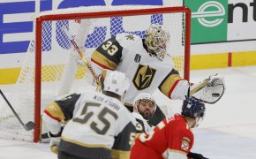 Vegas Golden Knights goaltender Adin Hill makes a save against the Florida Panthers