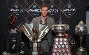 Edmonton Oilers center Connor McDavid poses with NHL awards