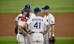 Texas Rangers pitching coach Mike Maddux talks to Max Scherzer