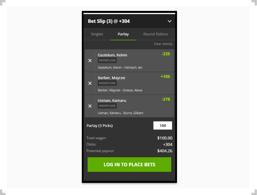 DraftKings parlay bet slip with fights from UFC 258