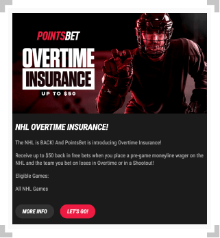 Screenshot of PointsBet NHL overtime insurance promotion