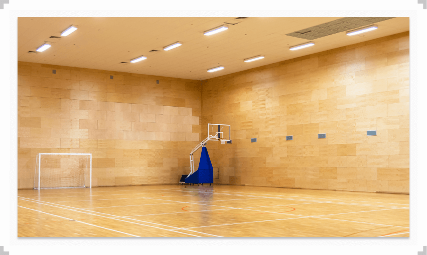 Basketball net in an empty gym