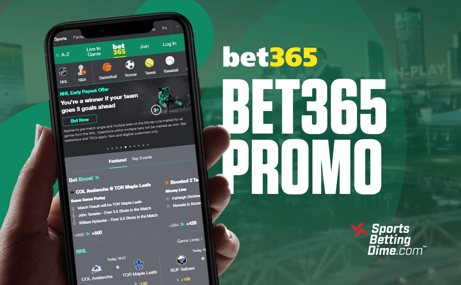 Bet365 bonus code featured image hand holding phone with mobile app