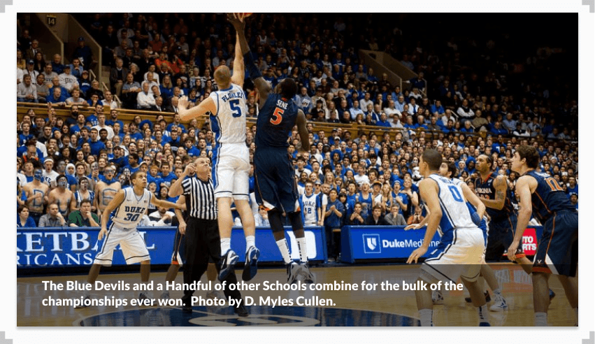 Photo of the tip off at a Duke vs Virginia college basketball game