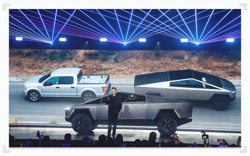 Cybertruck vs F-150 tug of war with Elon Musk in foreground