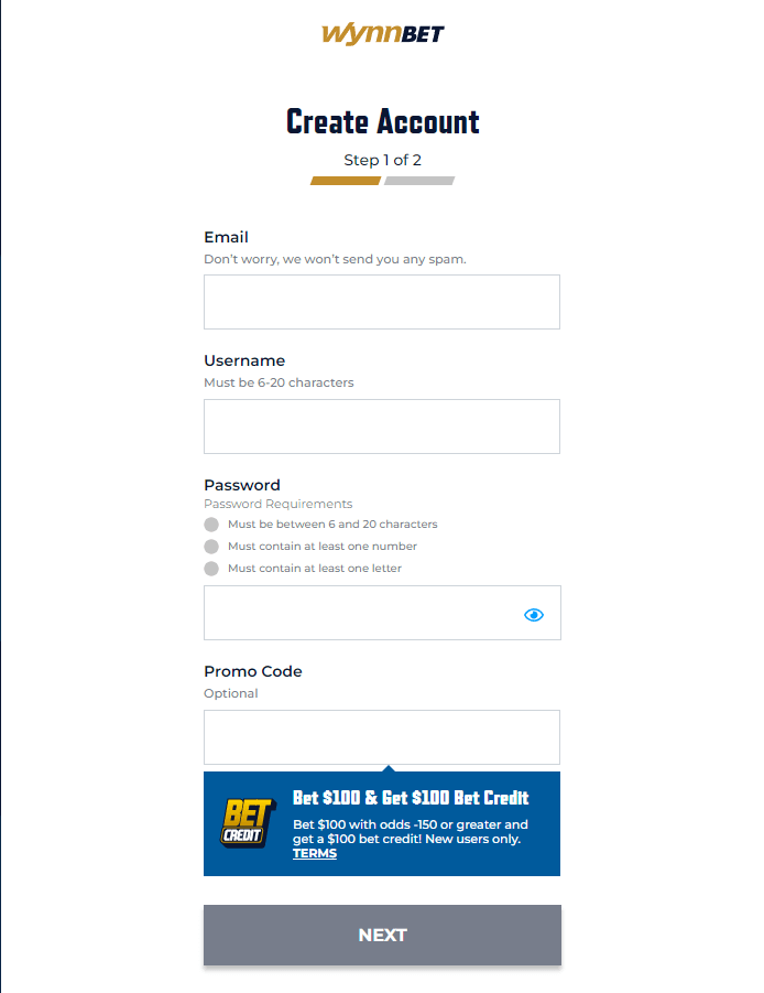 WynnBET promo code account creation screenshot